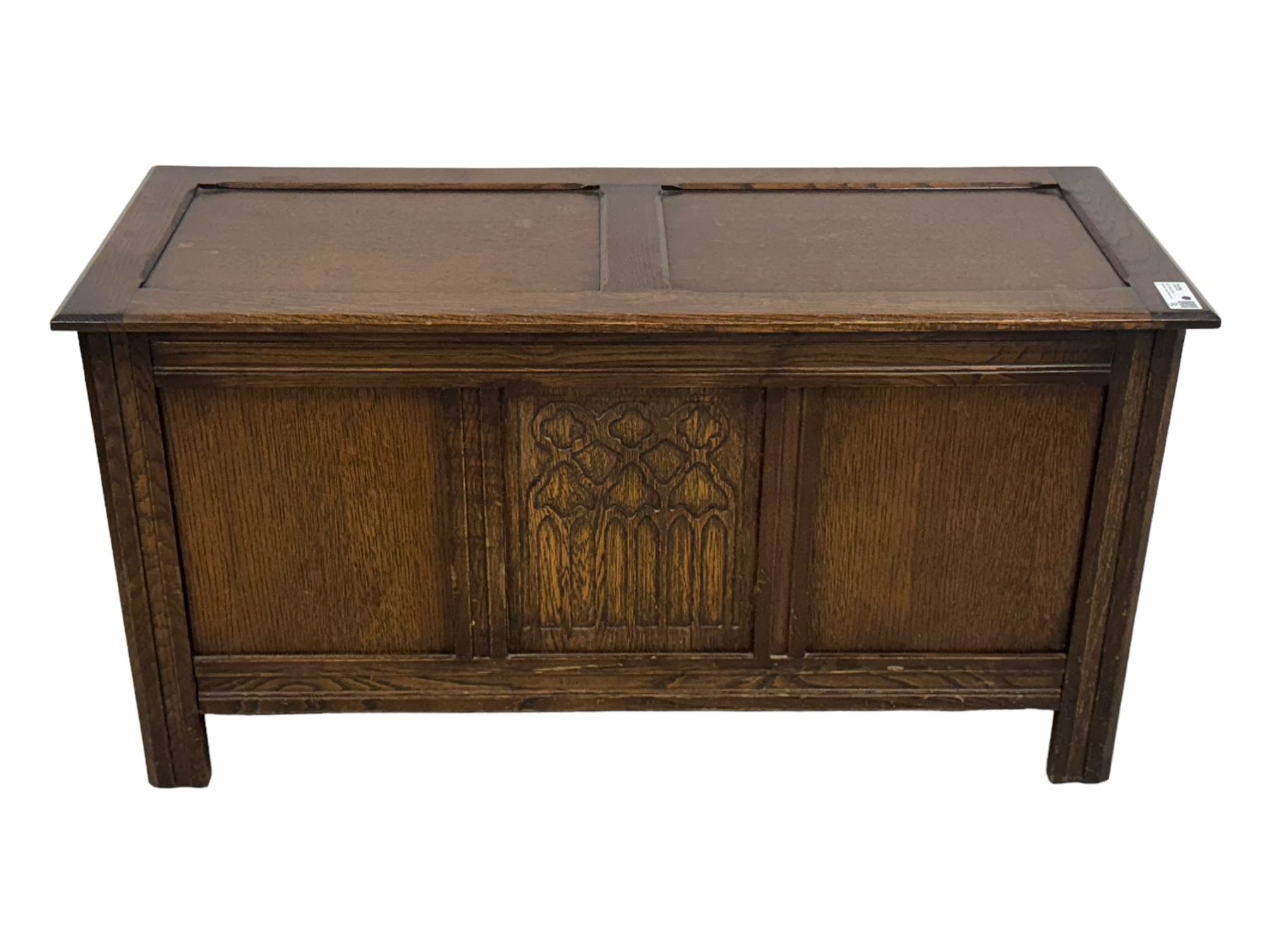 17th century design oak blanket chest, panelled hinged lid over panelled front, moulded frame, on stile supports