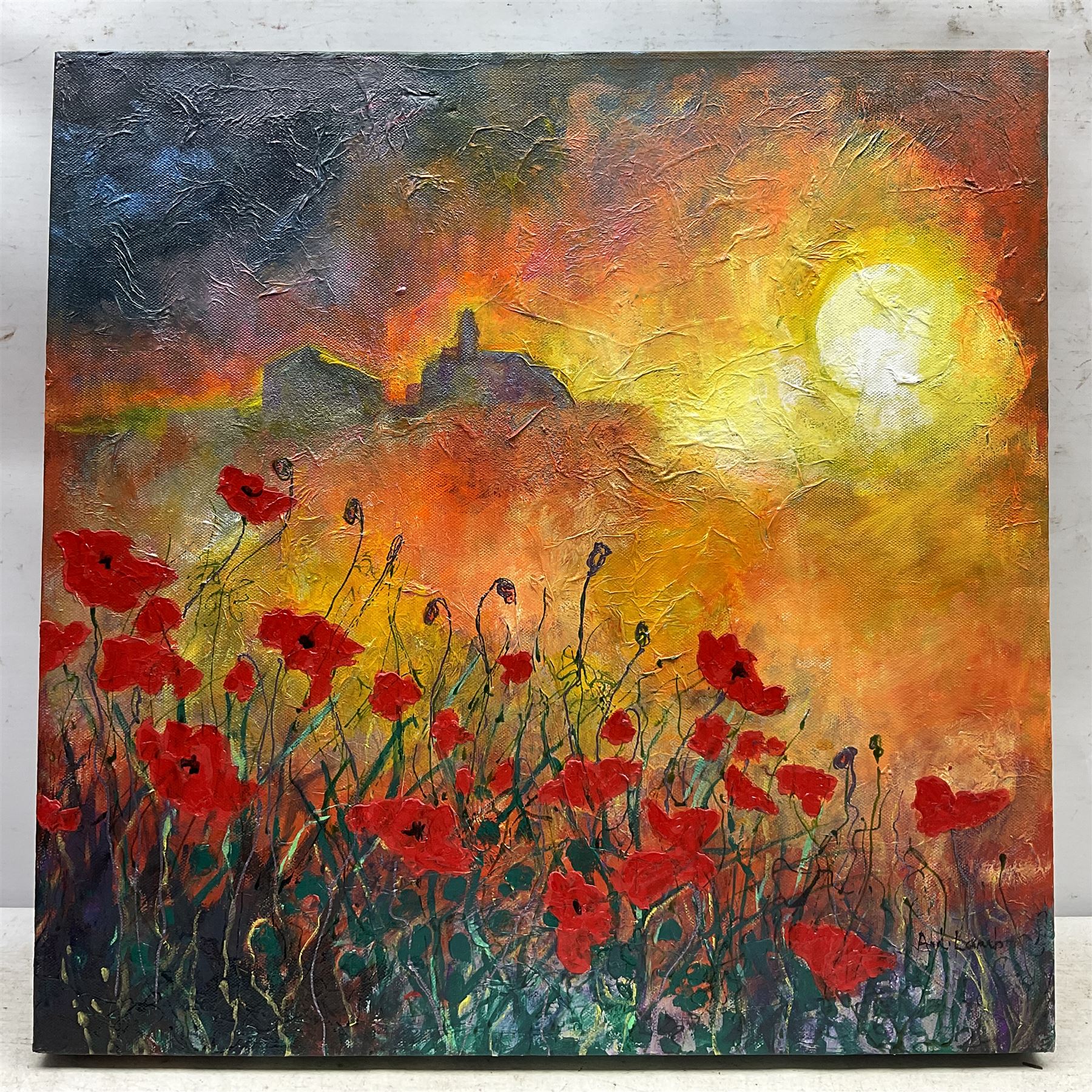 Ann Lamb (British 1955-): Sunset over the Poppy Field, mixed media on canvas signed 50cm x 50cm