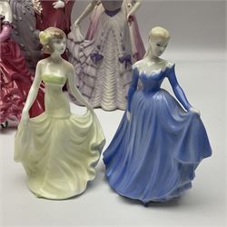 Nine Coalport figures, including Age of Elegance Evening Promenade, The Lovely Lady Christabel and Ladies of Fashion Pamela, together with eight miniature Coalport figures