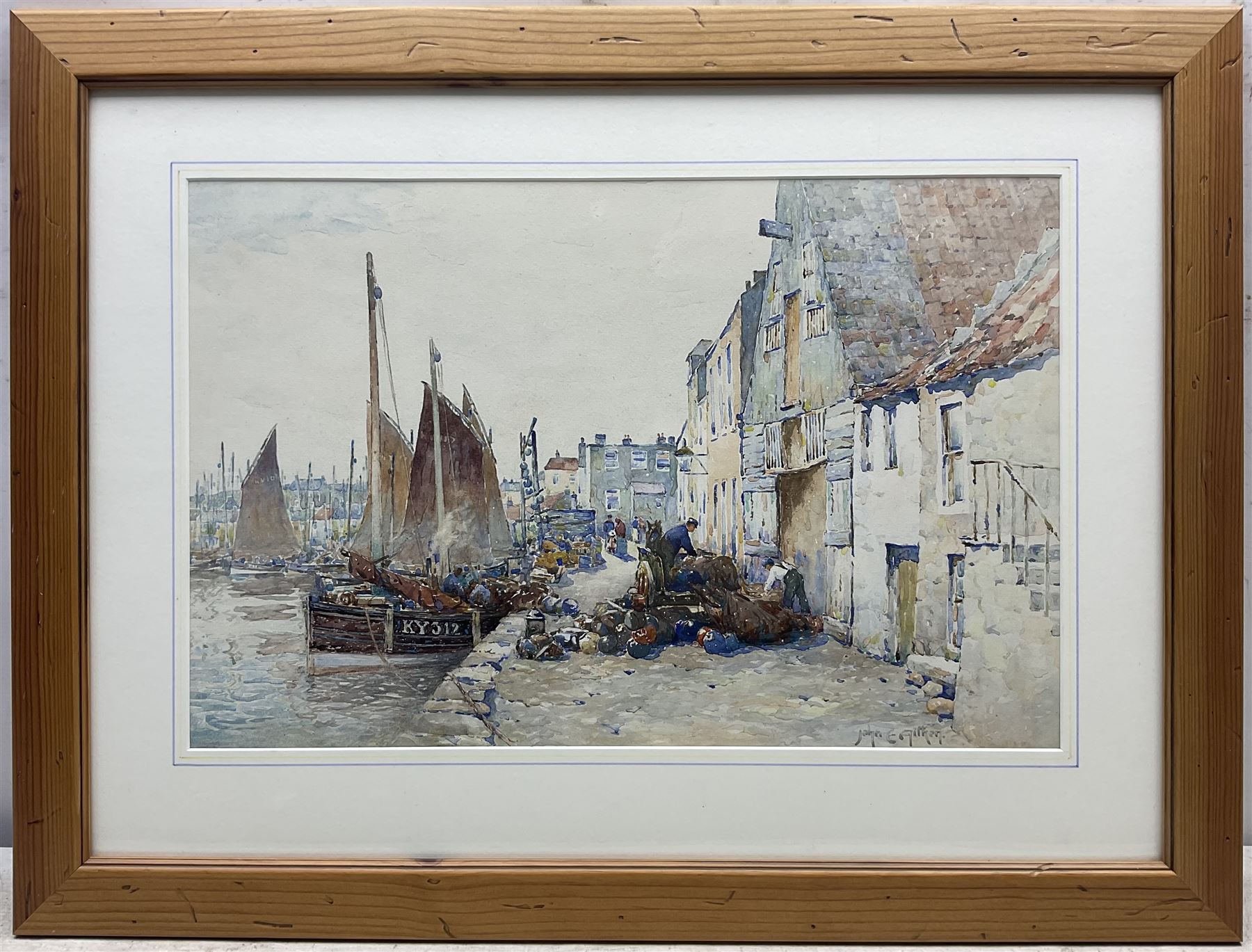 John Ernest Aitken (Scottish 1881-1957): 'The End of the Herring Season - Storing the Nets at St Monans', watercolour signed, titled verso (within the frame) 31cm x 48cm