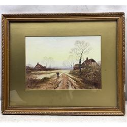 F Arnold (British 19th Century): 'The Last Steps of the Day' and 'Fast Falls the Eventide', pair watercolours signed and titled together with another similar signed 'J Hines', max 25cm x 35cm (3)