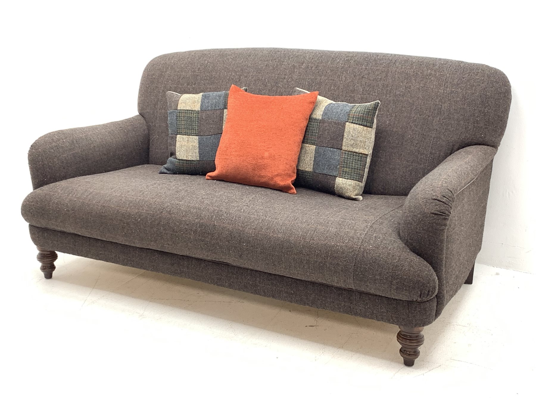 Tetrad - traditional shaped three seat sofa upholstered in Harris Tweed fabric, turned front supports, with complimentary pouffe and scatter cushions, W185cm, D103cm