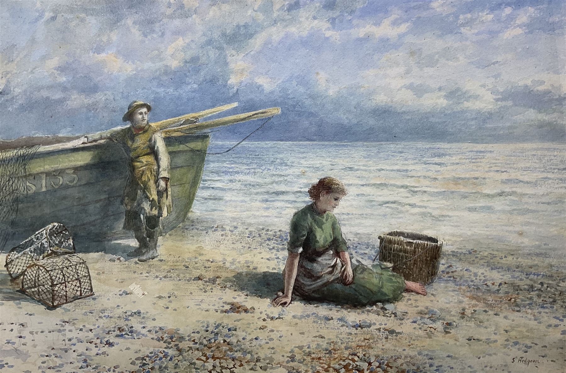 S Hodgson (British 19th Century): Couple Resting Beside the Shore, watercolour signed 36cm x 53cm 