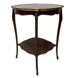 Early 20th century French two-tier marquetry inlaid walnut side table, shaped circular top with gilt metal edge, central chequered inlaid circular panel with floral motif, raised on cabriole supports with gilt metal mounts, united  by undertier