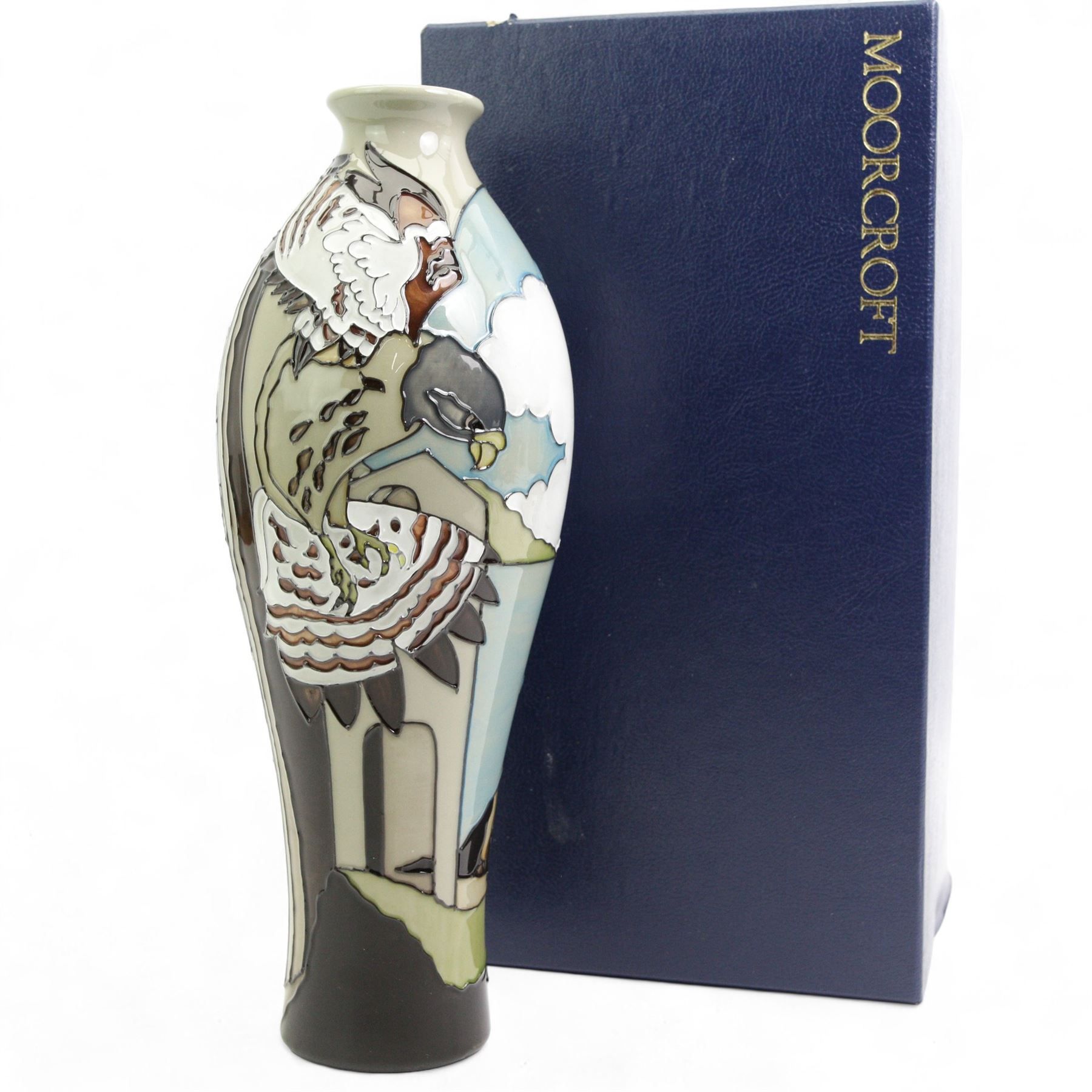 Moorcroft limited edition vase, of slender baluster form decorated in the Stone Kestrel pattern by Vicky Lovatt, no. 29/50, dated 2017, H30.5cm, boxed