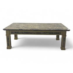 Rectangular coffee table, variegated marble top, on square supports with block feet 