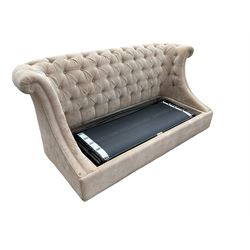 Grande wing back sofa bed, upholstered in beige buttoned fabric, metal action pull out double bed