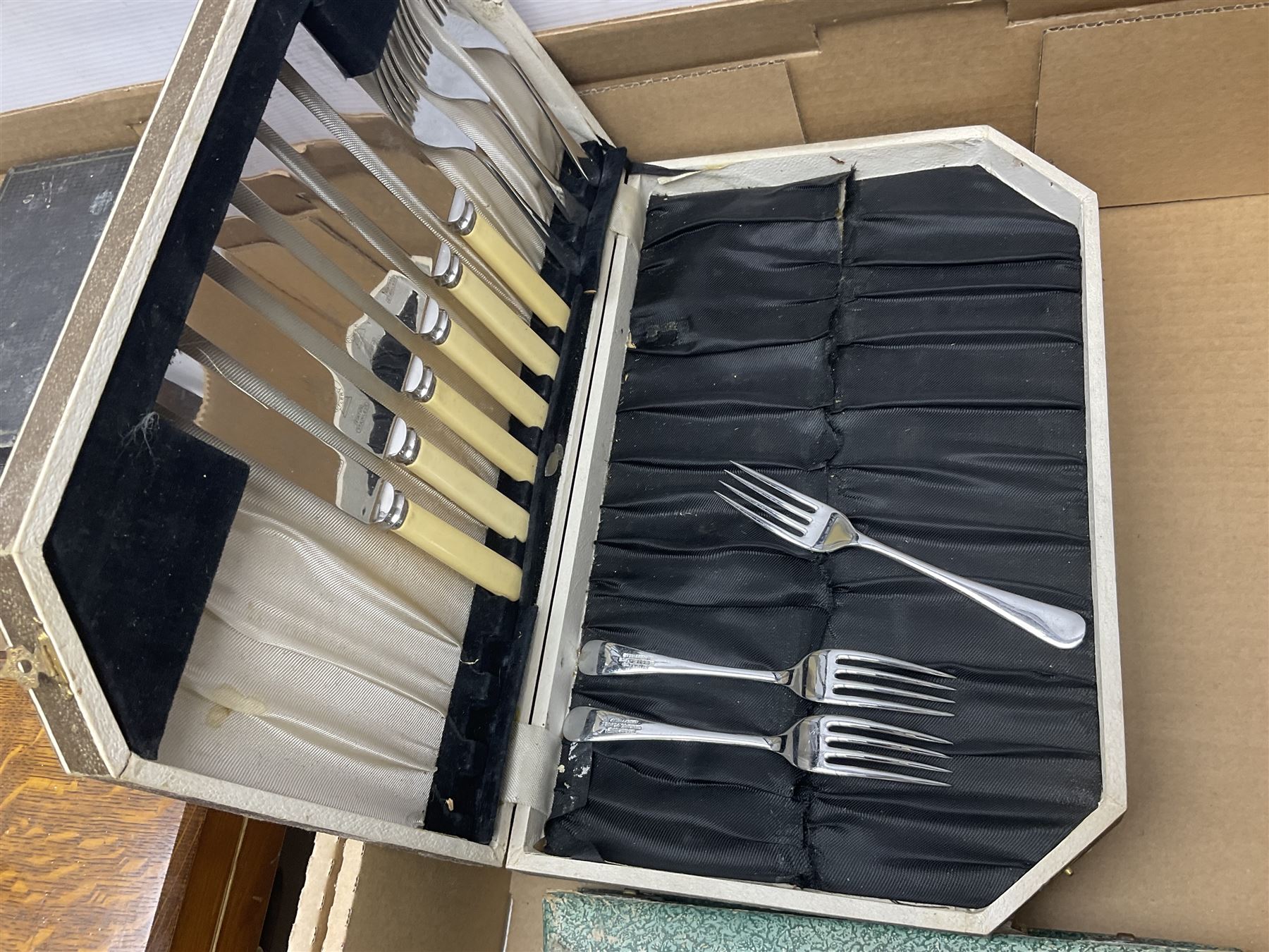 Cased canteens of fish knives and forks, together with part canteen in oak box and various other cased flatware, in two boxes 