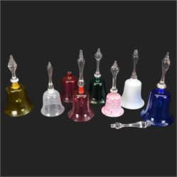 Collection of Victorian and later glass hand bells, including blue, green, mottled pink an...