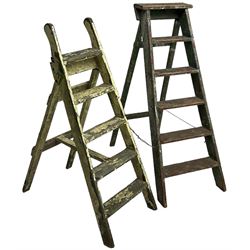 Late 19th century painted pine six tread library or shop step ladder (W52cm H136cm); together with another similar (W45cm H129cm)