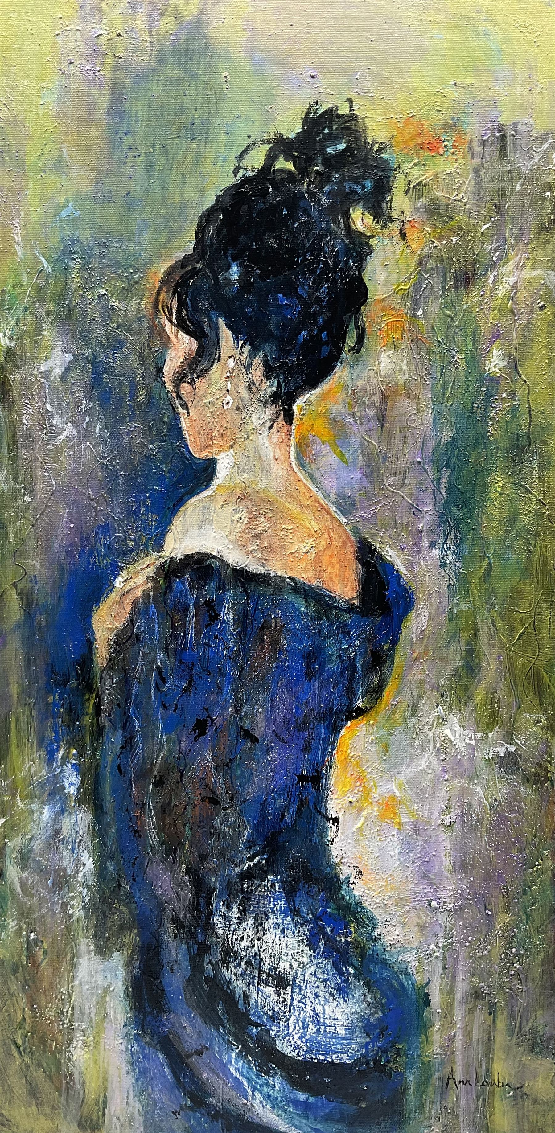 Ann Lamb (British 1955-): Lady in Blue, mixed media on canvas signed 60cm x 30cm