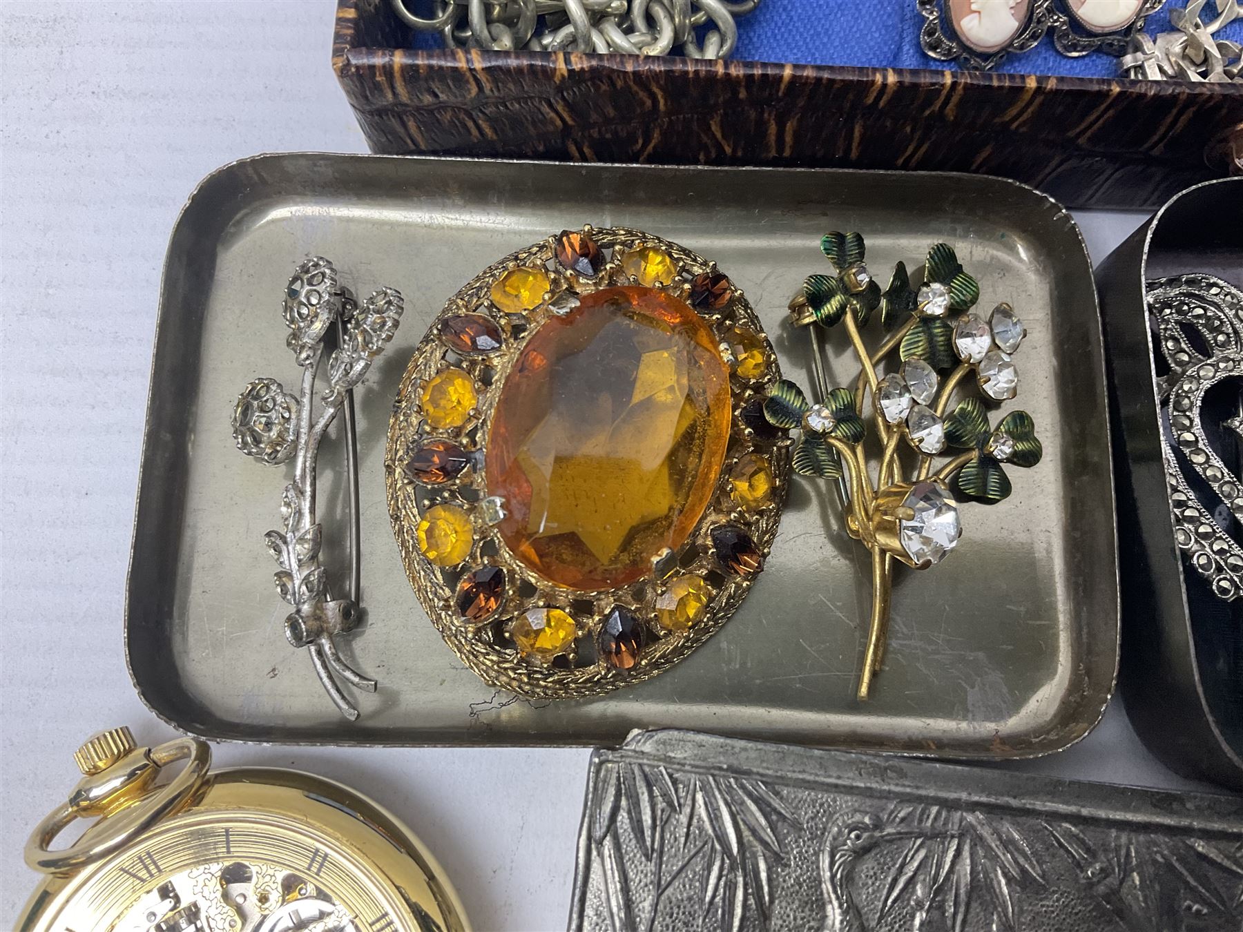 Silver jewellery, including ingot pendant, cameo ring and earrings and bracelet, together with a collection of costume brooches and necklaces, and two pocket watches