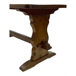 Gnomeman - oak dining table, rectangular adzed top, shaped end supports on sledge feet united by pegged stretcher, by Thomas Whittaker, Littlebeck, Whitby 