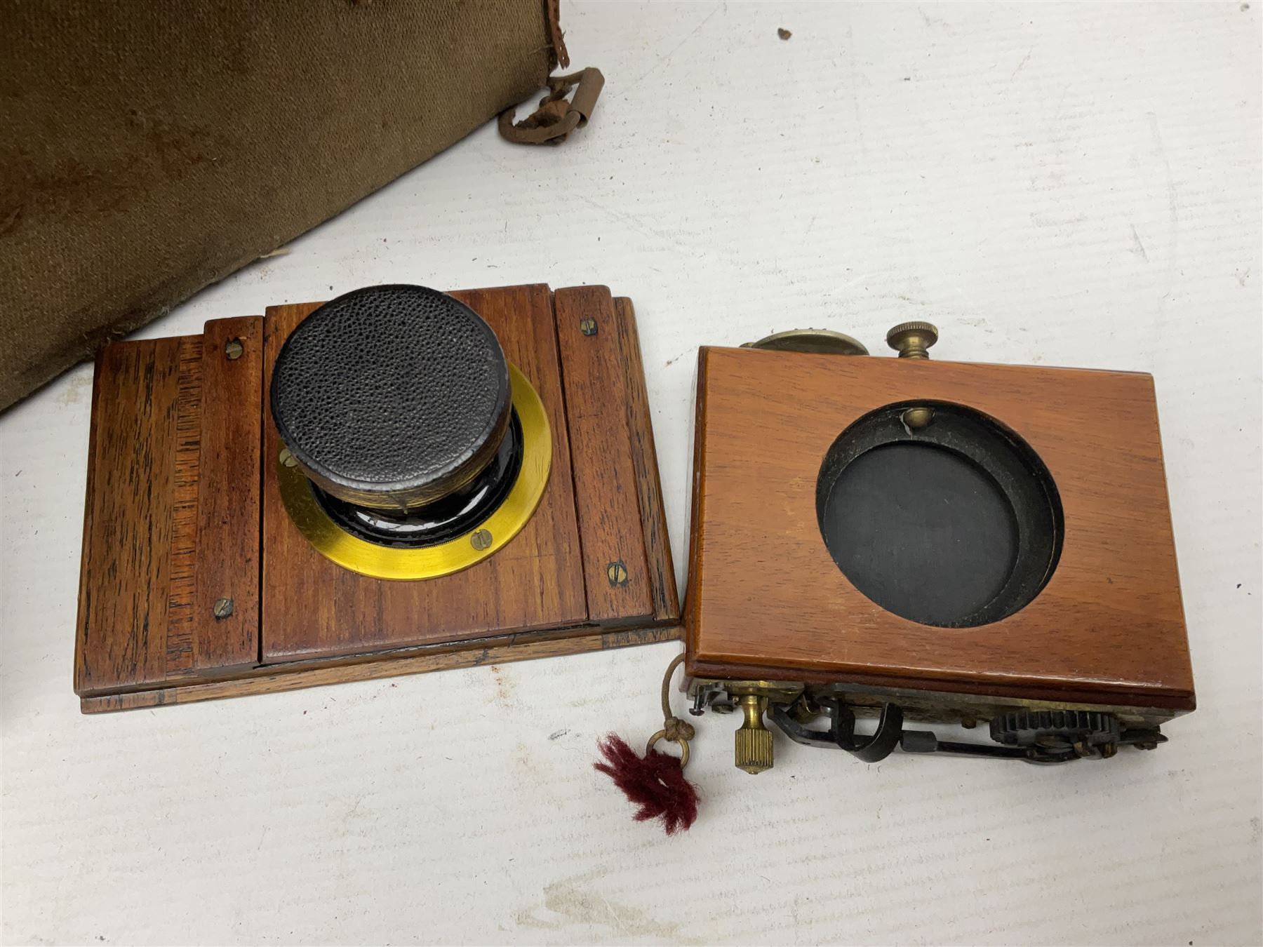 Sands Hunter & Co Ltd folding 1/4 plate camera in mahogany and lacquered brass, with two lenses and leather case