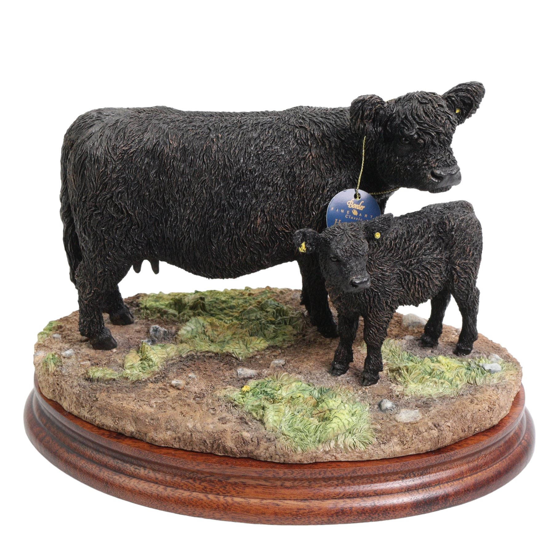 Border Fine Arts 'Black Galloway Cow and Calf' by Kirsty Armstrong, limited edition 178/500 on wood base, boxed and with certificate