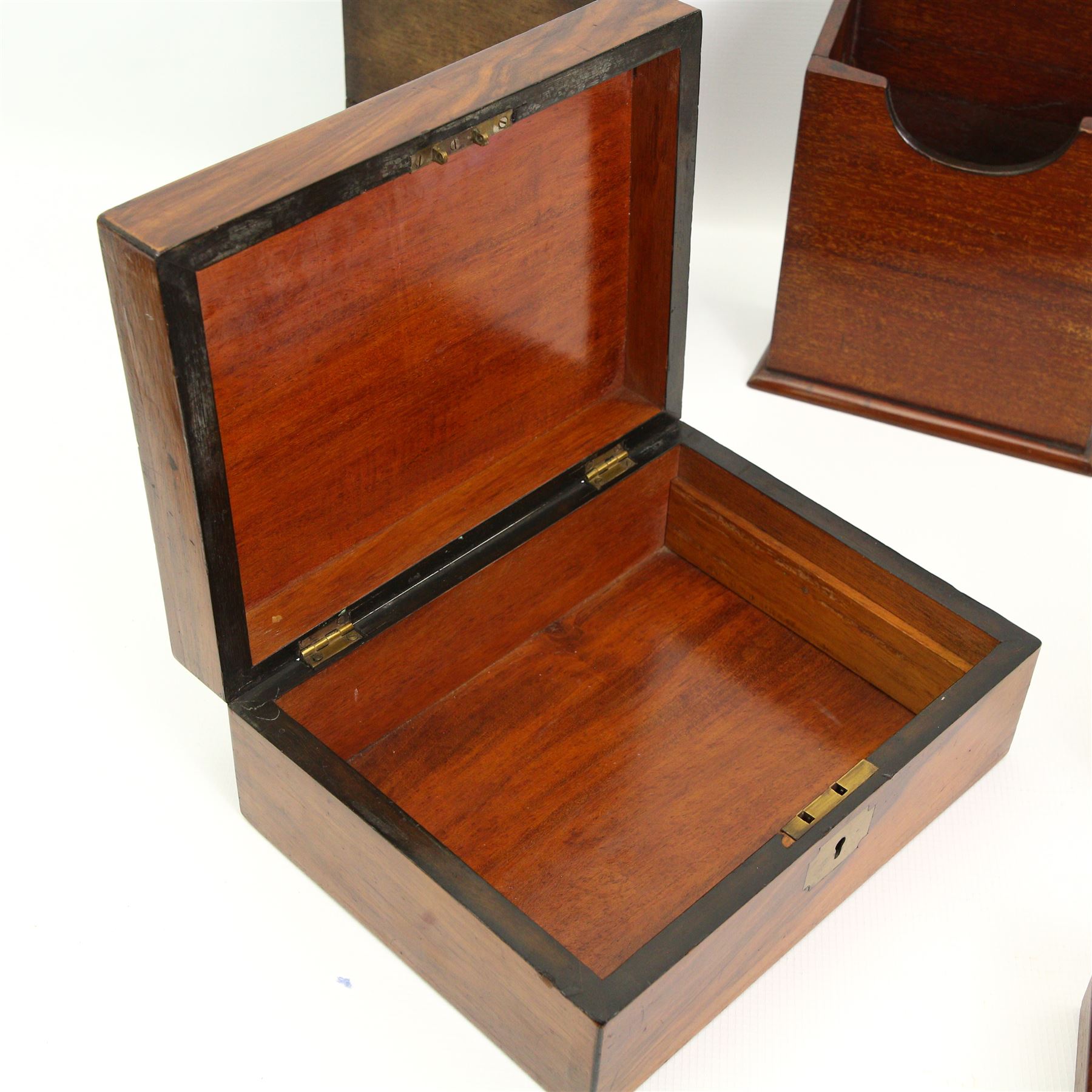 Pair of early 20th century mahogany wall candle holders W17cm, Victorian walnut sewing box W26cm, a smaller box and a set of Victorian chemists travelling balance scales and weights in mahogany box