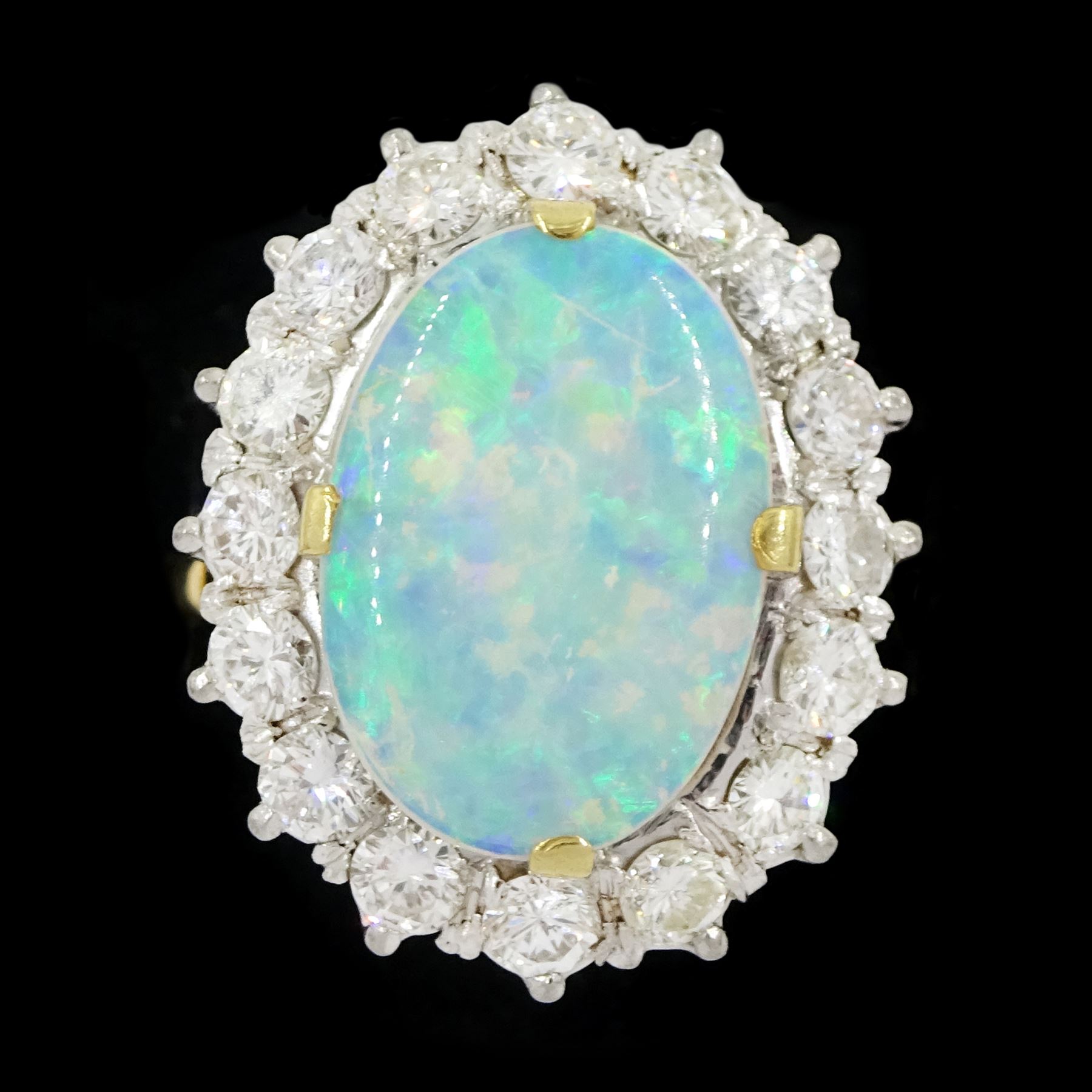 18ct gold and palladium opal and round brilliant cut diamond cluster ring, opal approx 1.35 carat, total diamond weight approx 1.15 carat