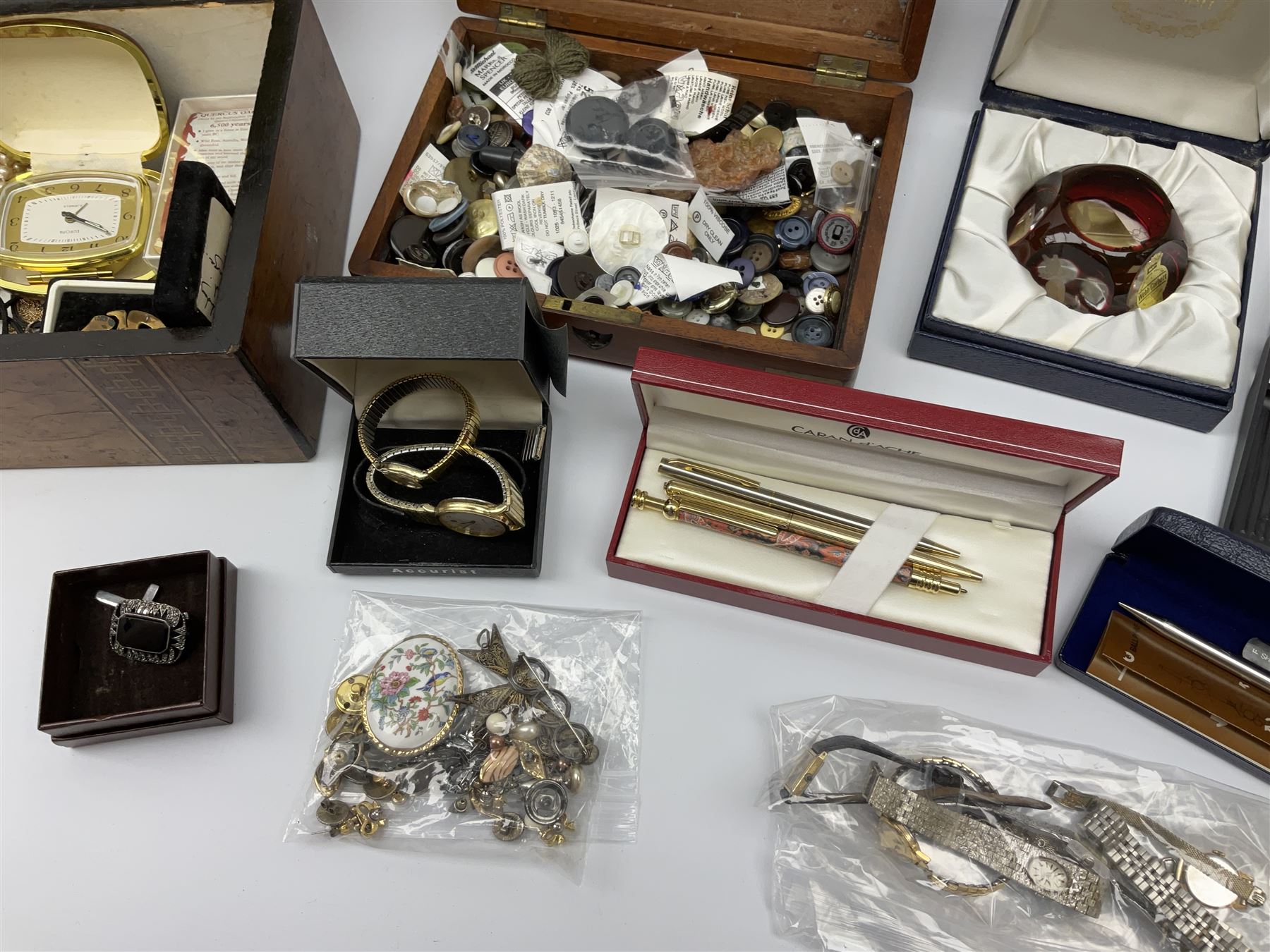 A collection of Vintage and later costume jewellery and wrist watches, to include a ladies Bulova bark effect watch, a silver brooch, hallmarked London import, boxed Webb Corbett paperweight, small Swarovski figure, together with a 19th century burr walnut box, a smaller brass bound mahogany box, etc. 