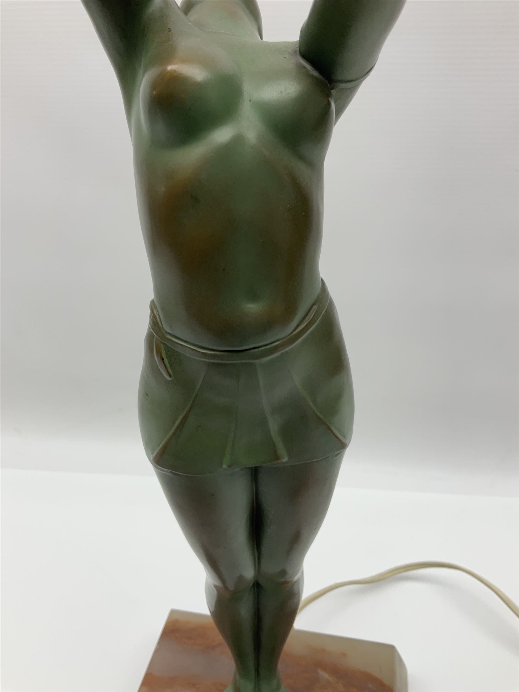 Art Deco patinated spelter table lamp, modelled as a young woman, upon a canted square alabaster plinth, H49.5cm