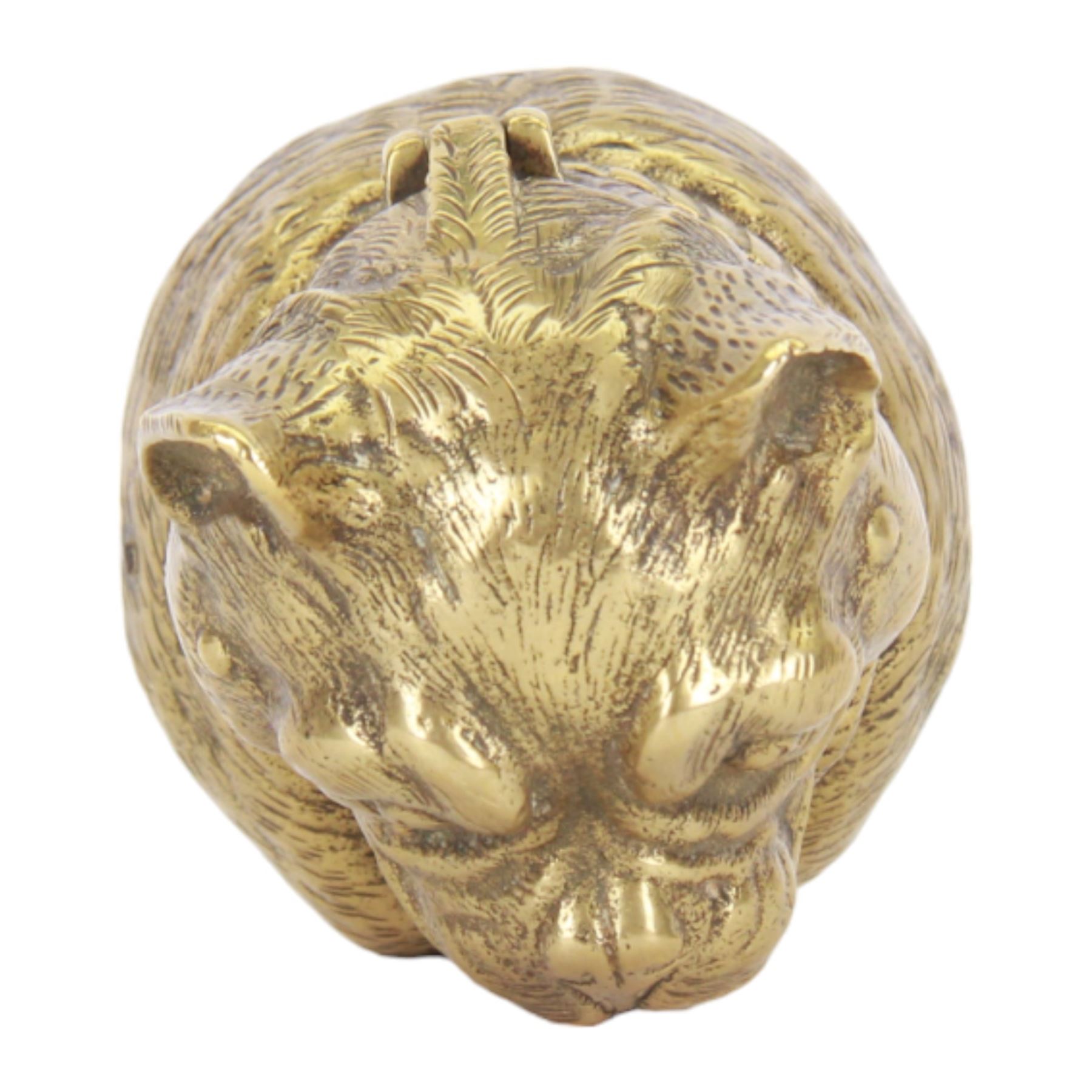 19th century gilt brass novelty inkwell, modelled as a Bulldog, with hinged jaw opening to reveal a ceramic glass liner, and lead weighted base, H9.5cm