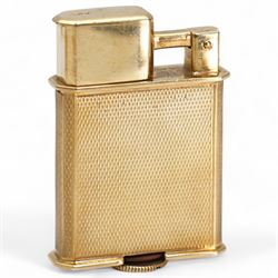 Art Deco 9ct gold Everest de Luxe lighter, with engine turned decoration, case by Stockwel...