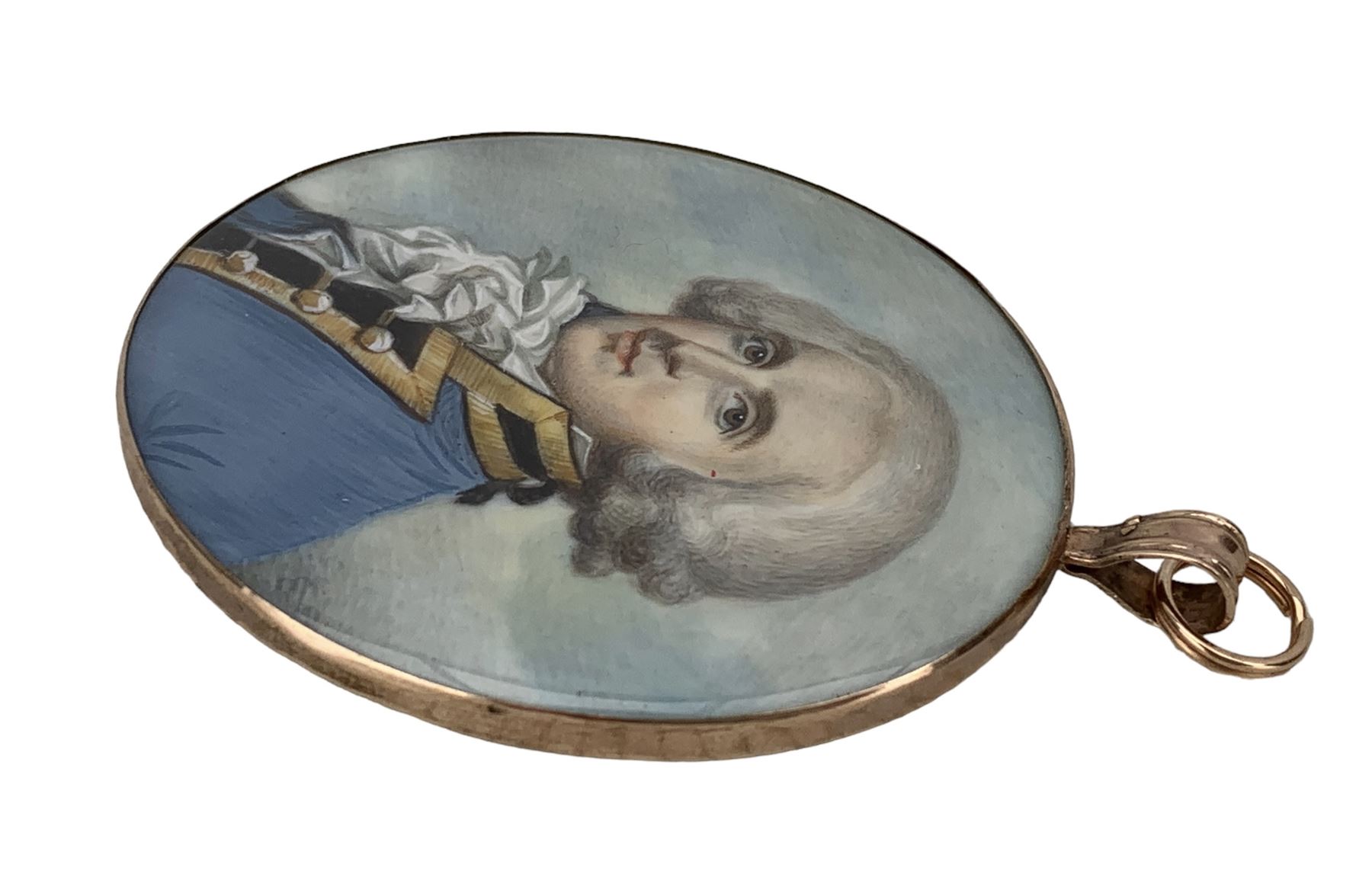 English School (18th/ early 19th century): Miniature portrait of a Gentleman, head & shoulder length, watercolour on ivory, unsigned, in oval copper frame, 6cm x 5.4cm. This item has been registered for sale under Section 10 of the APHA Ivory Act