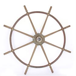 Late 19th century/early 20th century eight-spoke copper and brass ship's wheel, inscribed Brown Bros & Co Ltd, Rosebank Ironworks, Edinburgh to the hub, D91cm