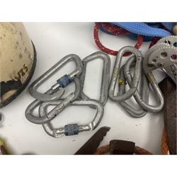 Collection of 1960s/70s climbing equipment including two original Hamish McInnes Pterodactyl ice axes, Joe Brown helmet, carabiners, ropes and wires etc