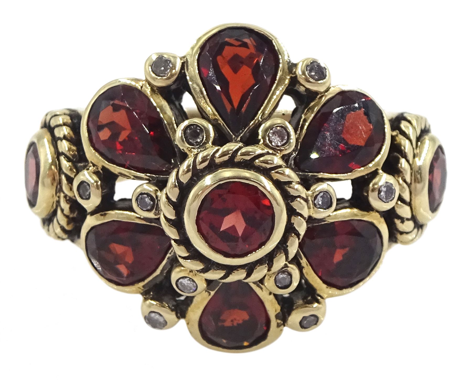 9ct gold garnet and diamond flower head cluster ring, Birmingham 2002 