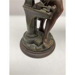 After Charles Octave Levy, pair of bronzed spelter figures, 'Industrie' and 'Commerce', upon stepped wooden plinth, H42cm