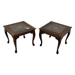 Pair of Pakistan carved hardwood brass inlaid lamp tables, square form, cabriole legs, ins...