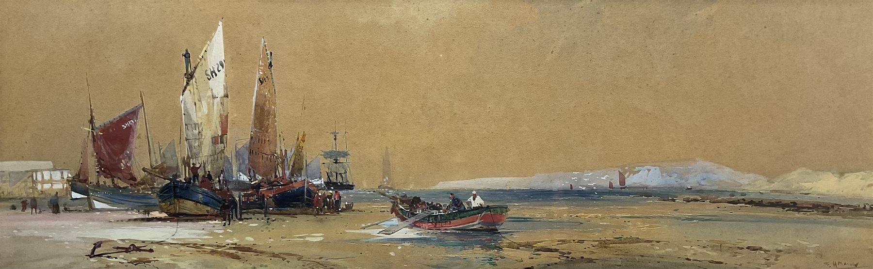 Frank Henry Mason (Staithes Group 1875-1965): Unloading Boats at 'Scarborough', watercolour signed, titled on the mount, original John Linn & Sons label verso 24cm x 75cm