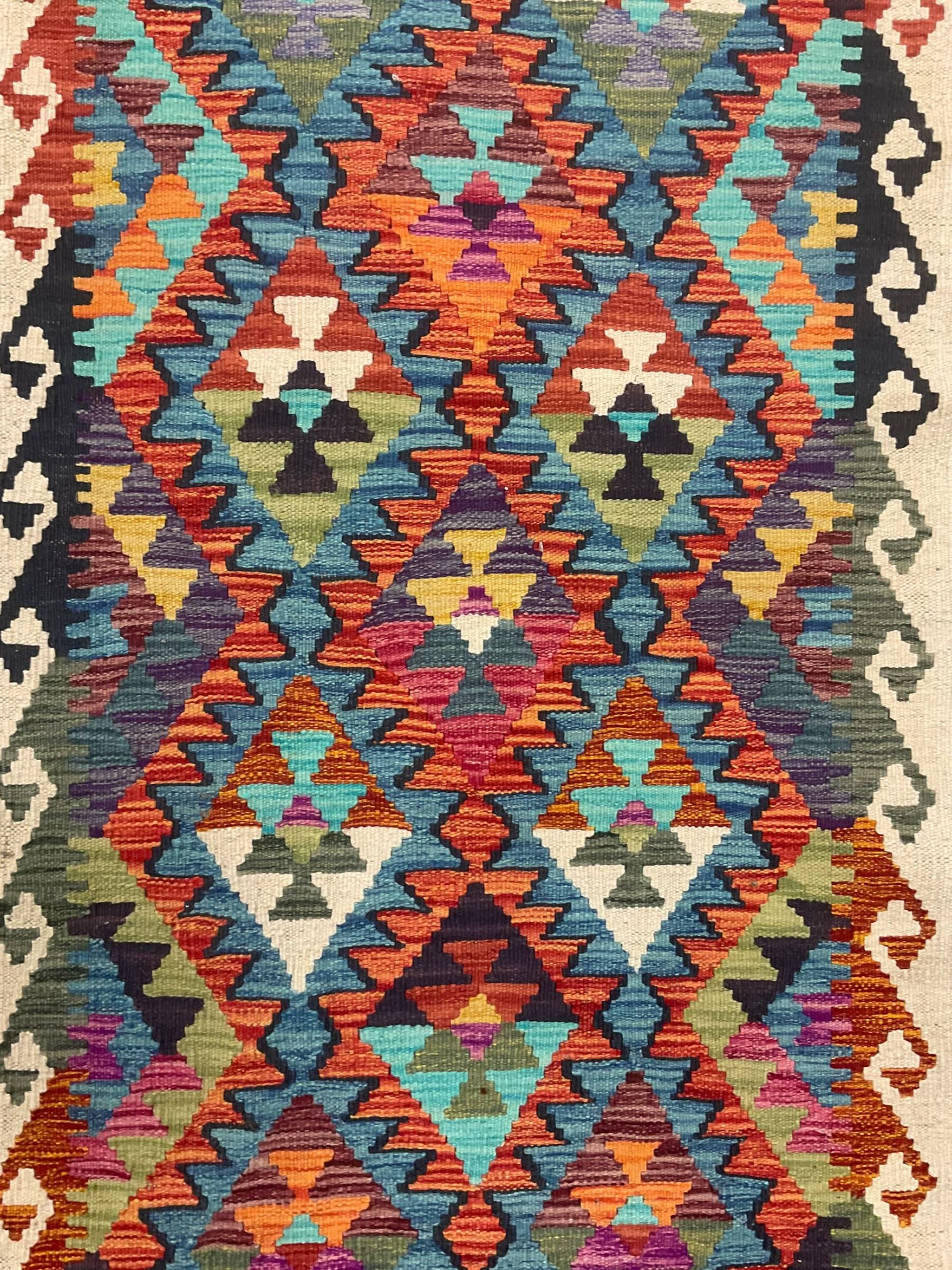 Anatolian Turkish kilim runner, multi-coloured geometric design 