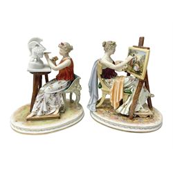 Pair of late 19th/early 20th century Naples figures modelled engaged in the arts, the first example modelled as a female figure seated before an easel, painting a figural scene, the second modelled as a female figure seated before a bust with scultping tools in hand, each upon an oval base with naturalistic painted ground, each with blue crowned N mark beneath, each approximately H16cm, including base L15xm
