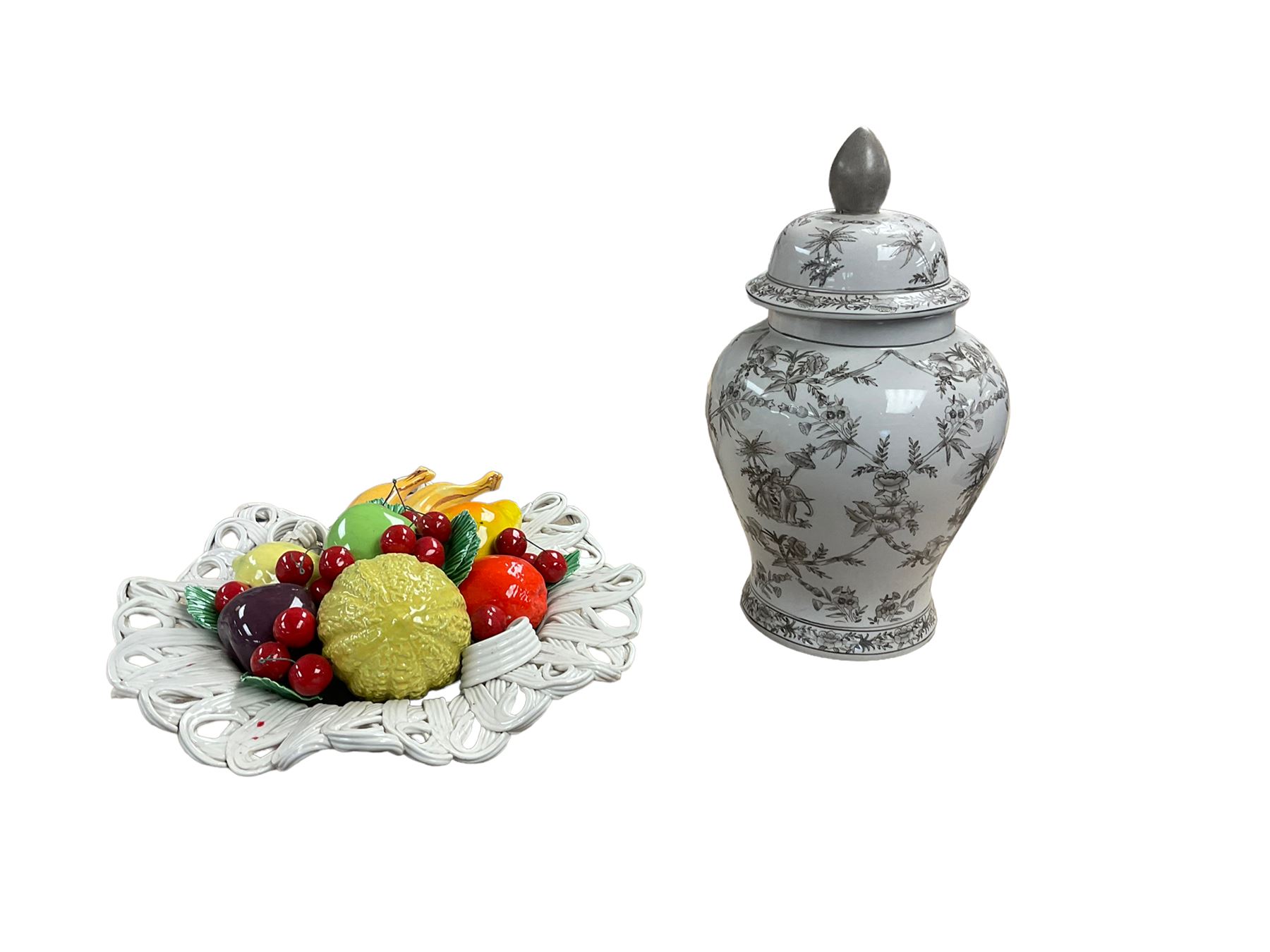 Indian Jane ginger jar and cover, together with Portuguese fruit bowl, jar H45cm