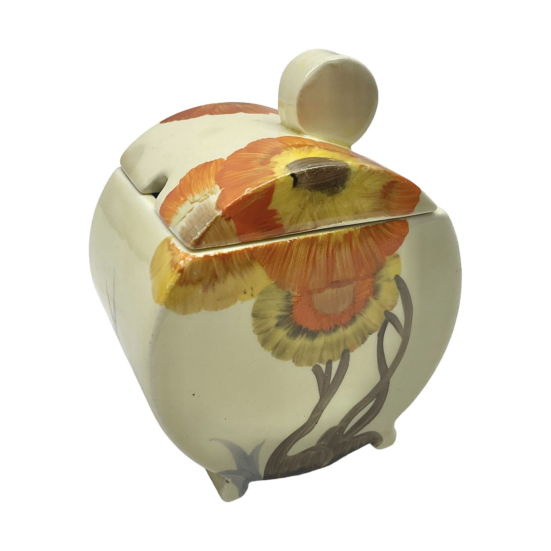 Clarice Cliff Bizarre for Wilkinson Ltd, Bon Jour shape preserve pot with cover, in Rhodanthe pattern, with printed mark beneath, H10.4cm