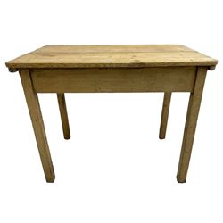 19th century rustic stripped pine side table, two plank rectangular top over square supports