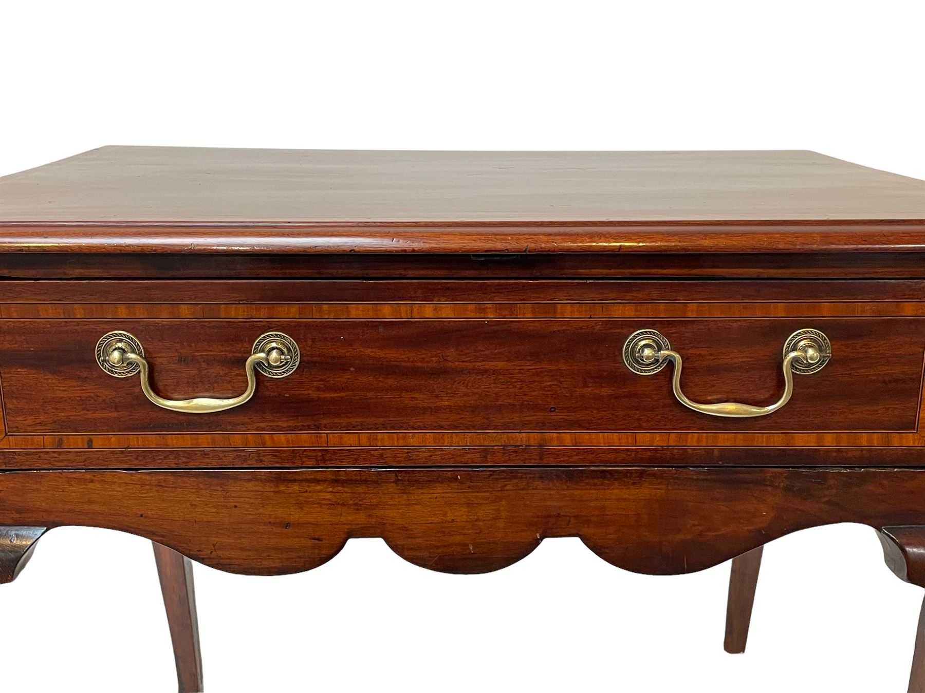 18th century and later inlaid mahogany and fruitwood low-boy, the moulded rectangular top with satinwood band, shaped frieze fitted with single drawer, on cabriole supports with angular feet