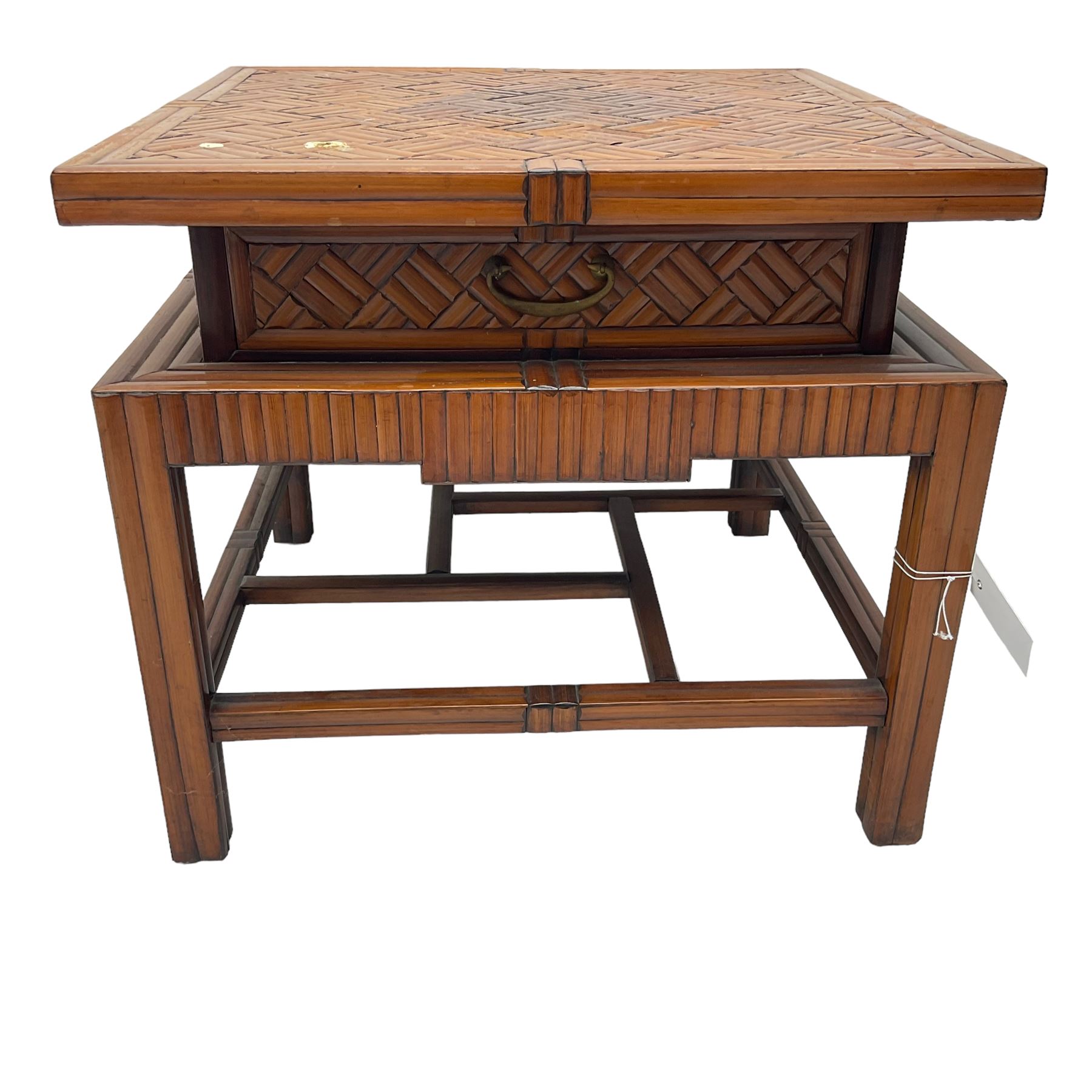 Chinese design bamboo and wood coffee table, parquetry lattice-work bamboo, on square supports joined by a series of geometric stretchers