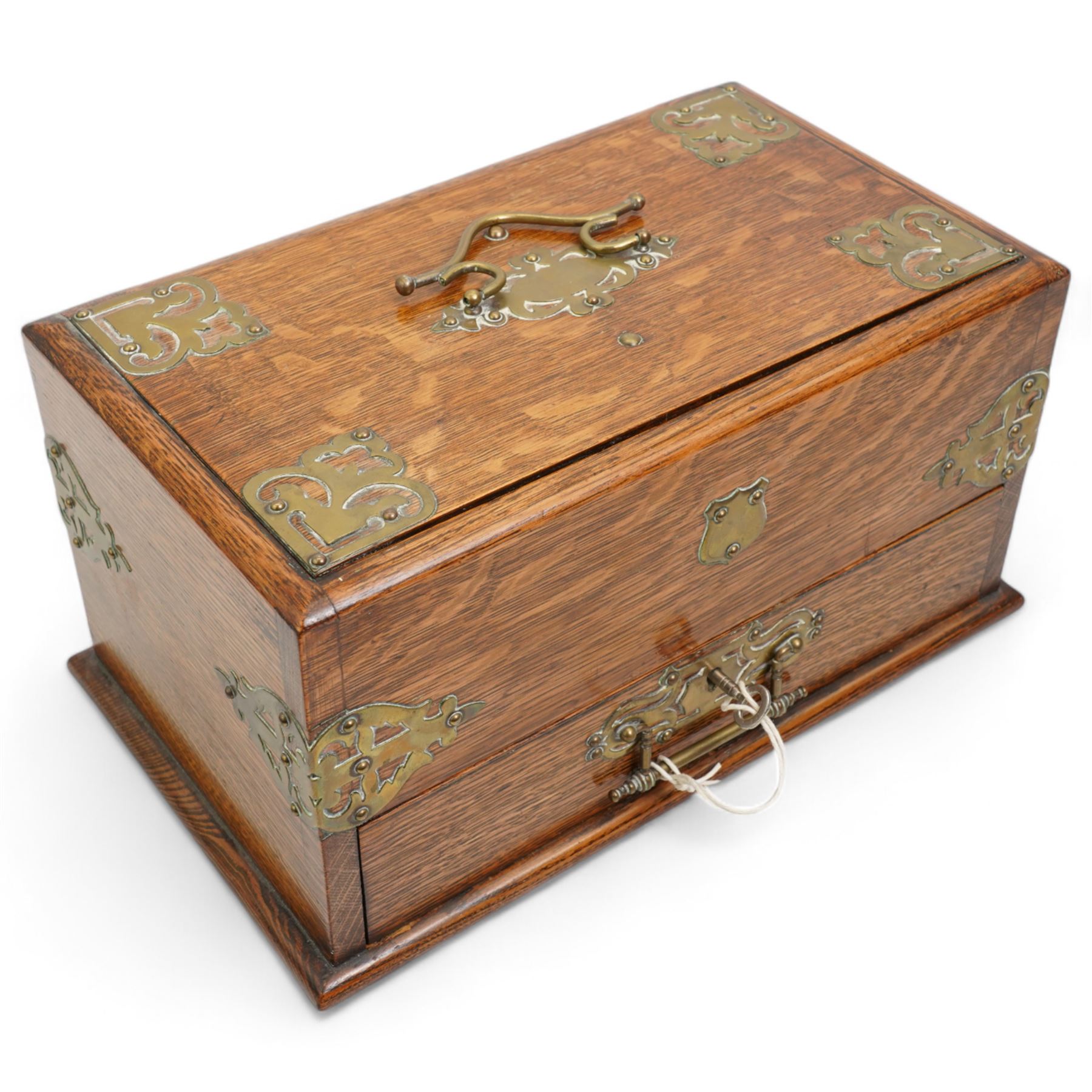 Victorian brass bound oak smokers box, sliding top and single drawer with brass swing handle and vacant plaque, L32cm x H16.5cm