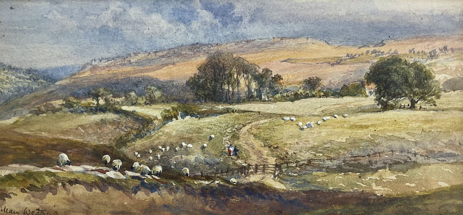 Mary Weatherill (British 1834-1913): Sheep Grazing in the Esk Valley, watercolour signed 13cm x 28cm