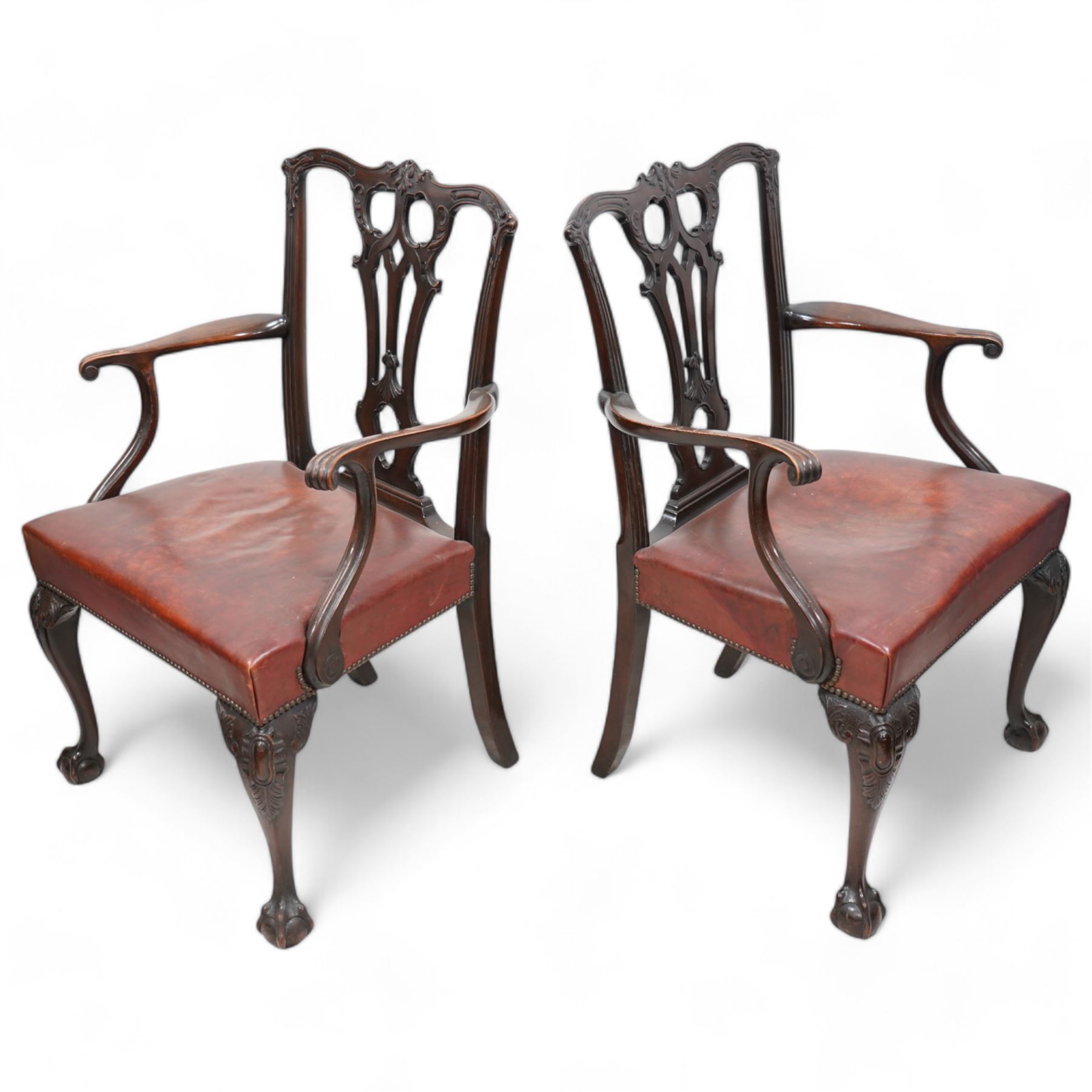 Early 20th century pair of Chippendale design mahogany elbow chairs, shaped cresting rail carved with foliate cartouches and scrolled leaves, pierced and interlaced Gothic splat, shaped arms with scroll carved terminals, leather upholstered seat with stud band, cartouche carved cabriole supports with ball and claw feet 