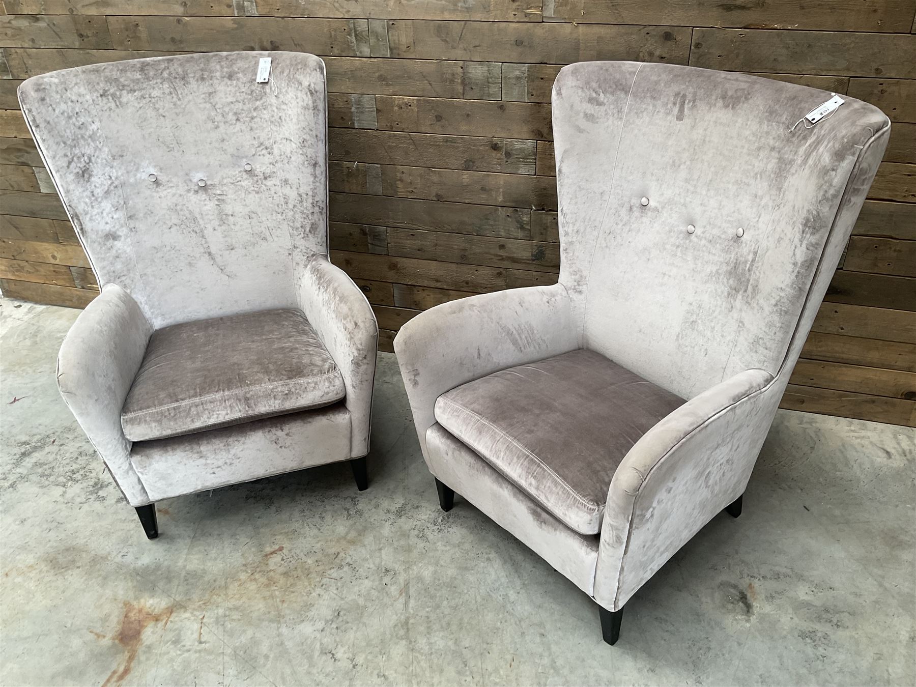 2 x Wing back armchair upholstered in silver crushed velvet fabric