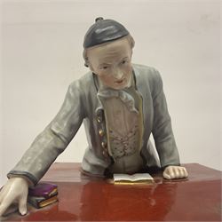 19th century Continental jar and cover, modelled as a classroom, with the teachers desk as the cover, H27cm