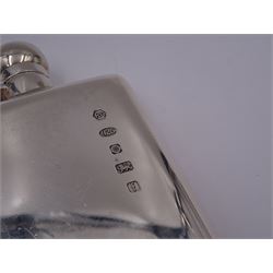 Modern silver hip flask, of typical form with hinged cap, the body with personal engraving, hallmarked Carr's of Sheffield Ltd, Sheffield 2005, H12.5cm