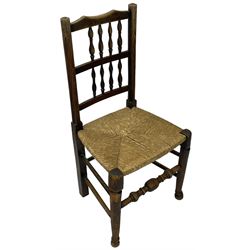 Collection of chairs - five 19th century elm spindle back chairs with rush seats; two chapel chairs (7)