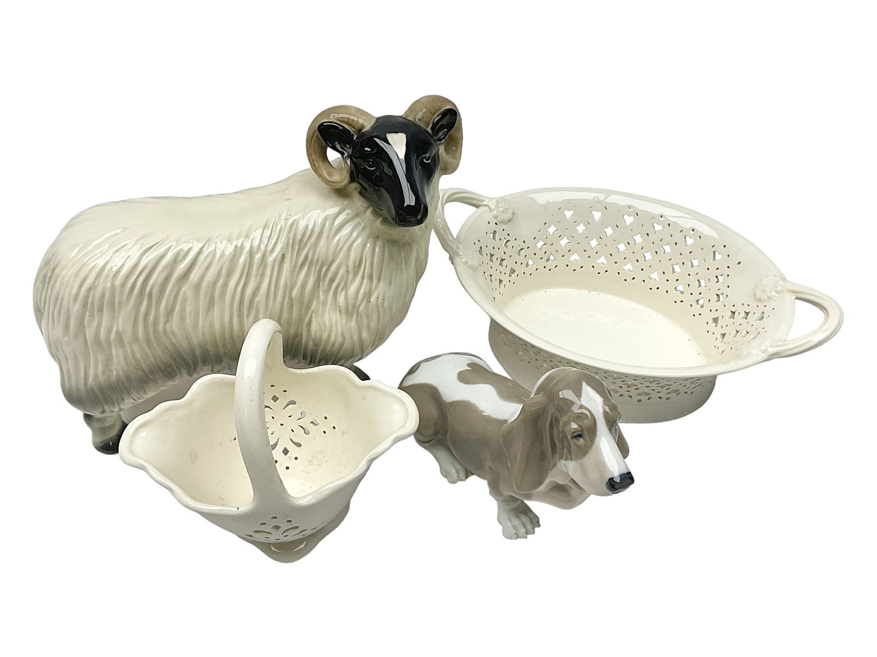 Royal Copenhagen basset hound, together with Coopercraft ram and Leeds Pottery creamware 