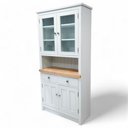 Light blue painted oak and pine kitchen dresser, two glazed doors enclosing shelves, light...