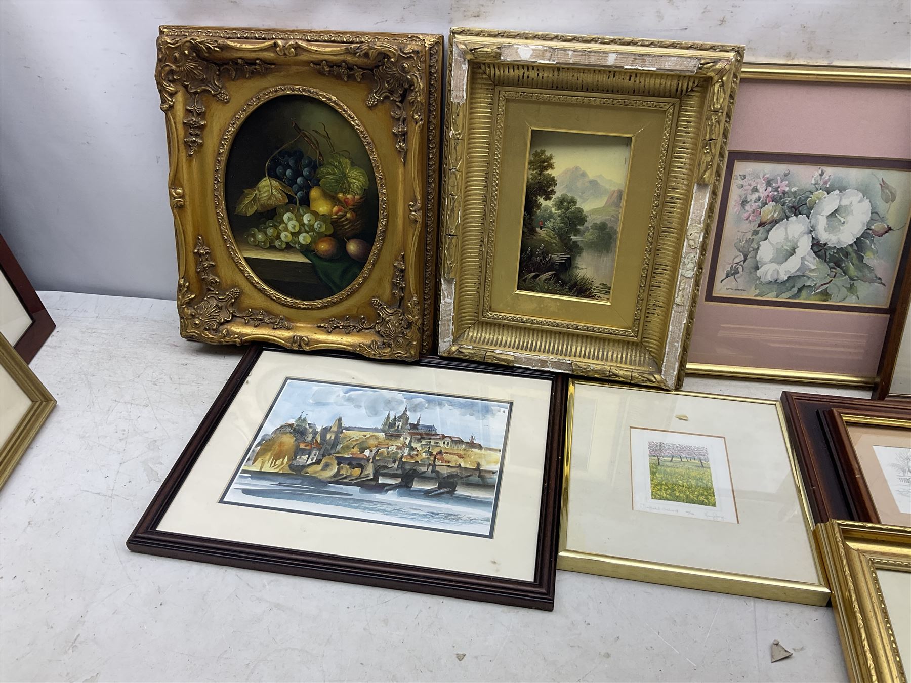 Group of original oils mostly indistinctly signed, watercolours including Edith Buxton, T Orsini etc and a large collection of engravings in one box (approx. 32)