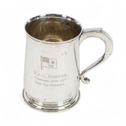 Mid 20th century silver tankard, of tapering cylindrical form with presentation engraving ...